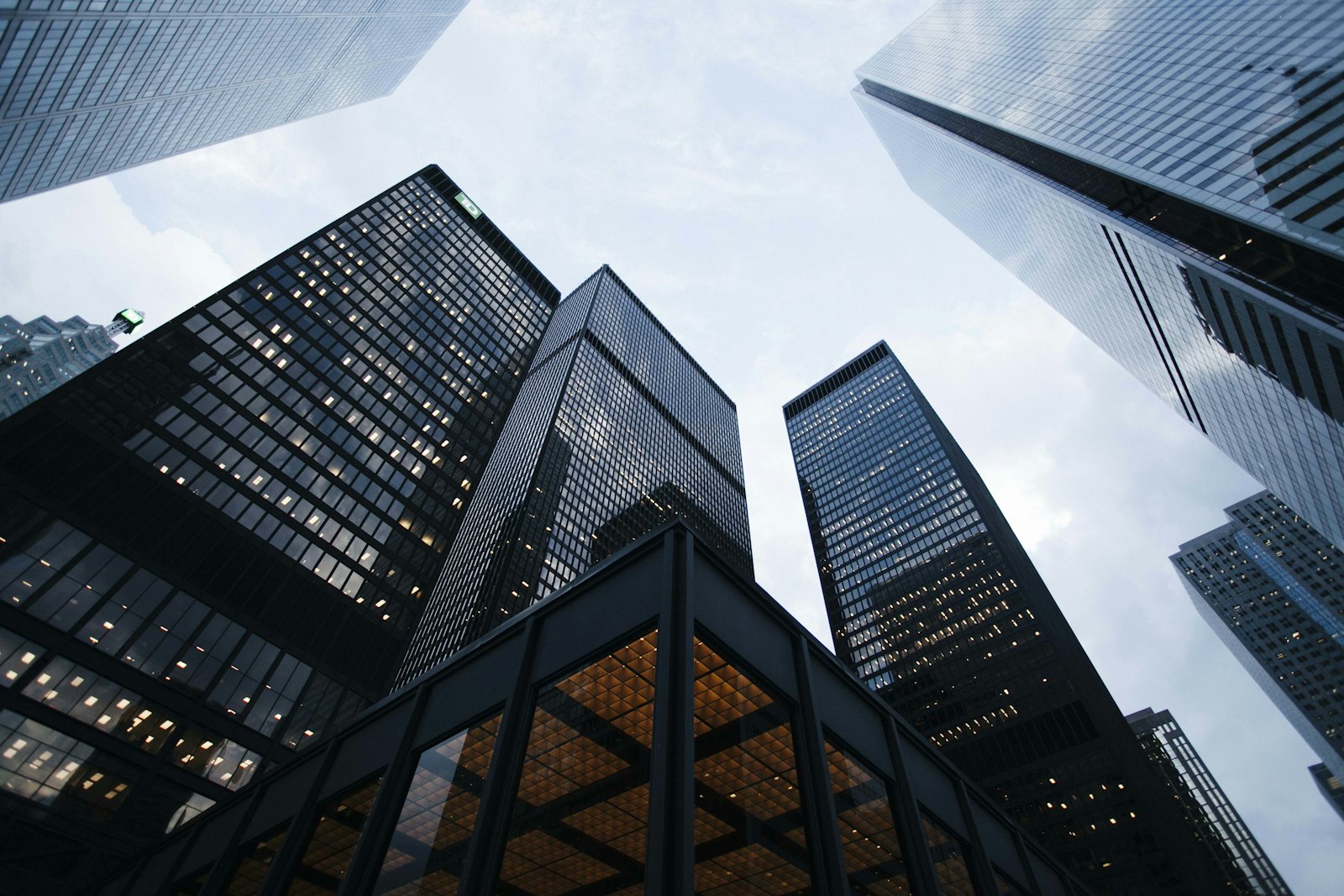Glass office towers viewed from below in a Bangalore business district